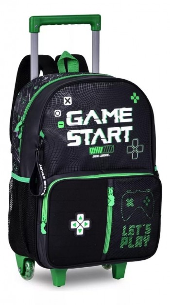 (V24) MOCHILA ESCOLAR VIDEO GAME 16" (40X30X13CM) CON CARRO NEGRO Y DETALLES EN NEOPRENO VERDE