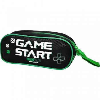 (V24) ESTUCHE ESCOLAR VIDEO GAME 21X9X6 CM NEGRO Y DETALLES EN NEOPRENO VERDE