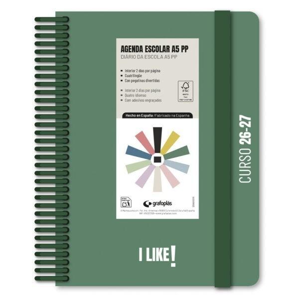 (26) AGENDA ESCOLAR 2026-2027 GRAFOPLAS A5 2DP PP LIKE VERDE OSCURO