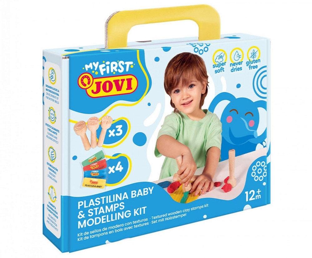 MY FIRST PLASTILINA BABY JOVI MI PRIMER KIT DE MODELAJE CON ESTAMPADORES DE MADERA (4 PASTILLAS 38 GR + 3 ESTAMPADORES)