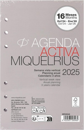 RECAMBIO AGENDA ANUAL MIQUELRIUS 2025 INTEGRAL ACTIVA 117X182 S/V