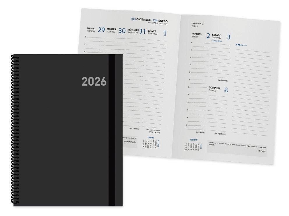 AGENDA ANUAL 2026 PARIS ESPIRAL SEMANA VISTA 15X21 COLOR NEGRO