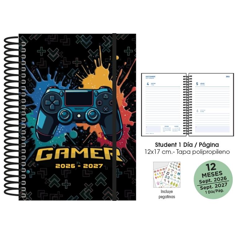 (26) AGENDA ESCOLAR 2026-2027 ESP. D/P 12x17 STUDENT  T/ POLIP. GAMER  NEGRA